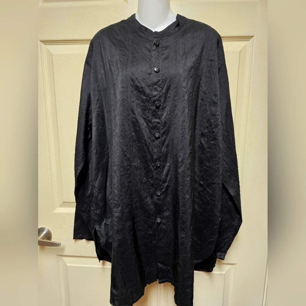 J. Englehart FLAX 100% Silk Button Down Shirt Dress Black SzSmall